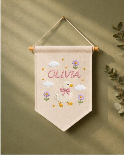 Personalized Goose Nursery Wall Hanging, Custom Name Embroidered Banner, Floral Duck Baby Girl Room Decor, Cute Nursery Gift