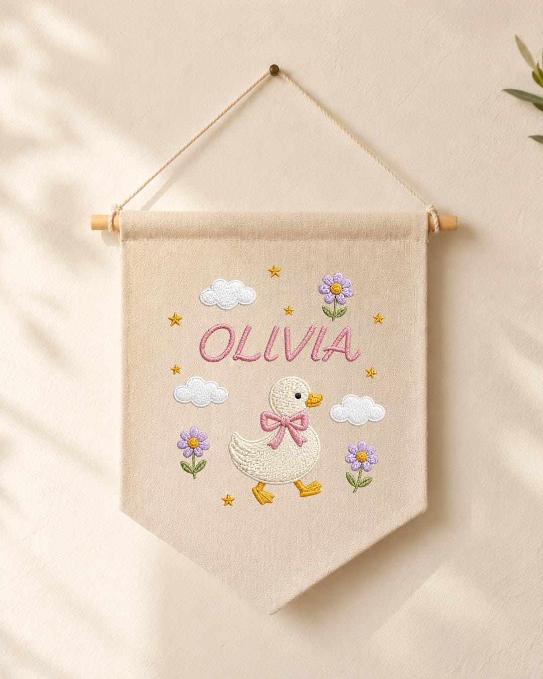 Personalized Goose Nursery Wall Hanging, Custom Name Embroidered Banner, Floral Duck Baby Girl Room Decor, Cute Nursery Gift