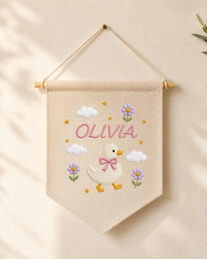 Personalized Goose Nursery Wall Hanging, Custom Name Embroidered Banner, Floral Duck Baby Girl Room Decor, Cute Nursery Gift