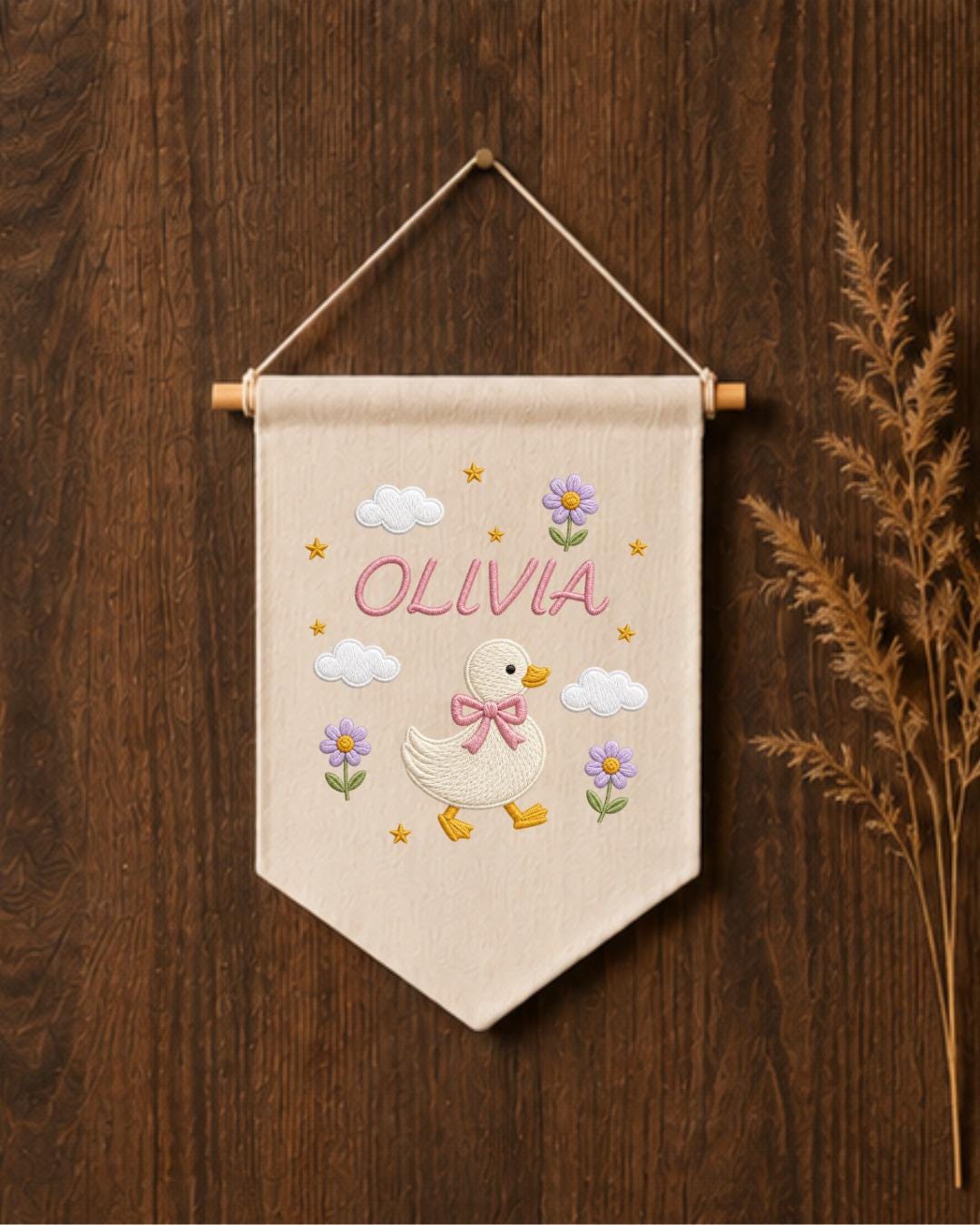 Personalized Goose Nursery Wall Hanging, Custom Name Embroidered Banner, Floral Duck Baby Girl Room Decor, Cute Nursery Gift