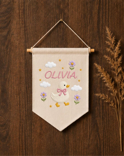 Personalized Goose Nursery Wall Hanging, Custom Name Embroidered Banner, Floral Duck Baby Girl Room Decor, Cute Nursery Gift