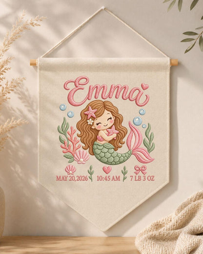 Personalized Mermaid Birth Stats Wall Hanging, Custom Name Embroidered Banner, Baby Girl Nursery Decor, Newborn Keepsake Gift