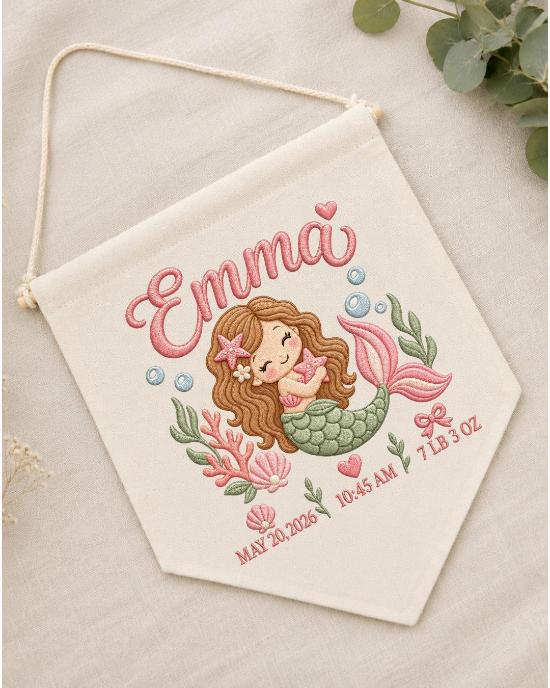 Personalized Mermaid Birth Stats Wall Hanging, Custom Name Embroidered Banner, Baby Girl Nursery Decor, Newborn Keepsake Gift