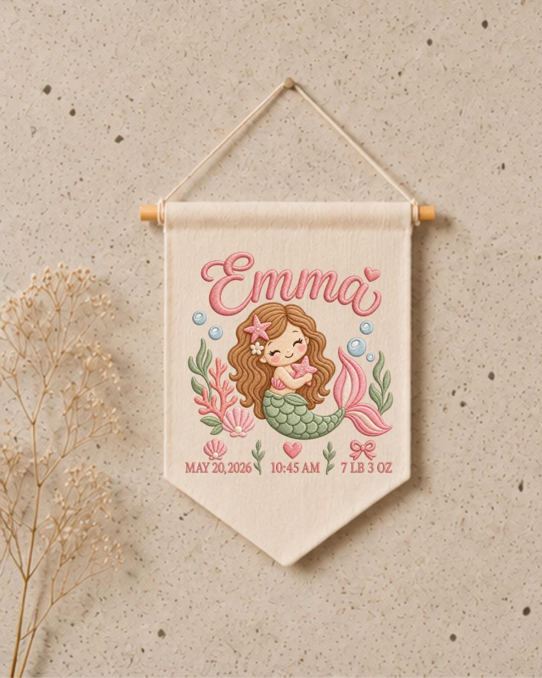 Personalized Mermaid Birth Stats Wall Hanging, Custom Name Embroidered Banner, Baby Girl Nursery Decor, Newborn Keepsake Gift
