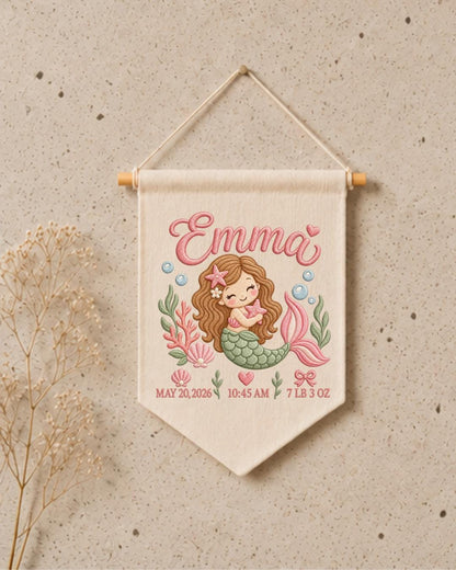 Personalized Mermaid Birth Stats Wall Hanging, Custom Name Embroidered Banner, Baby Girl Nursery Decor, Newborn Keepsake Gift