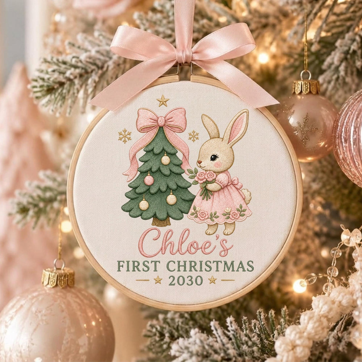 May include: A round wooden embroidery hoop ornament featuring a light-colored fabric with a printed illustration of a green Christmas tree and a beige bunny wearing a pink dress. A pink satin ribbon bow is tied at the top. Text reads Chloe's FIRST CHRISTMAS 2030.