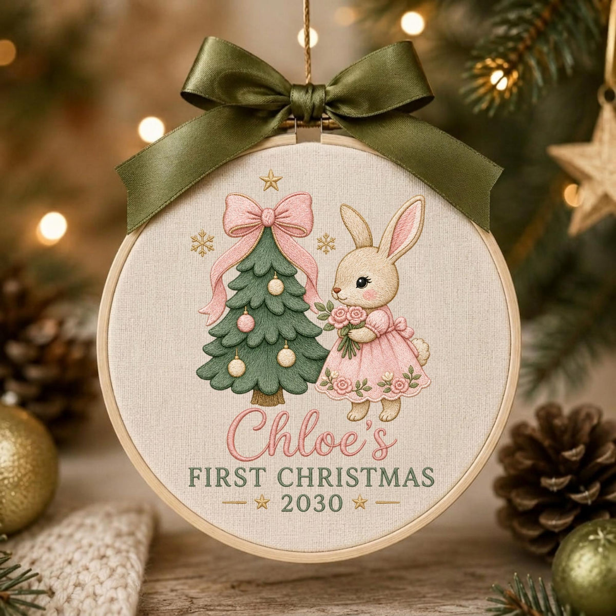 May include: A round embroidery hoop ornament featuring a beige fabric background with a green Christmas tree, a pink bow, and a rabbit in a pink dress. The text reads Chloe's FIRST CHRISTMAS 2030. An olive green satin ribbon is tied at the top.