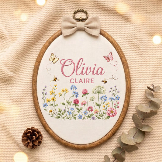 May include: An oval wooden embroidery hoop containing white fabric with the embroidered names Olivia Claire in pink script and block lettering. The design features colorful wildflowers, two small bees, and two butterflies, topped with a beige bow.