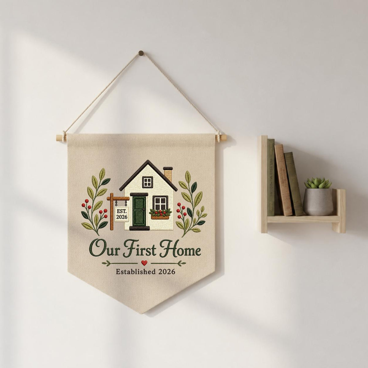 Embroidered Our First Home 2026 Custom Pennant Banner - Personalized Couple's Gift for New Home - Handmade Wall Decor