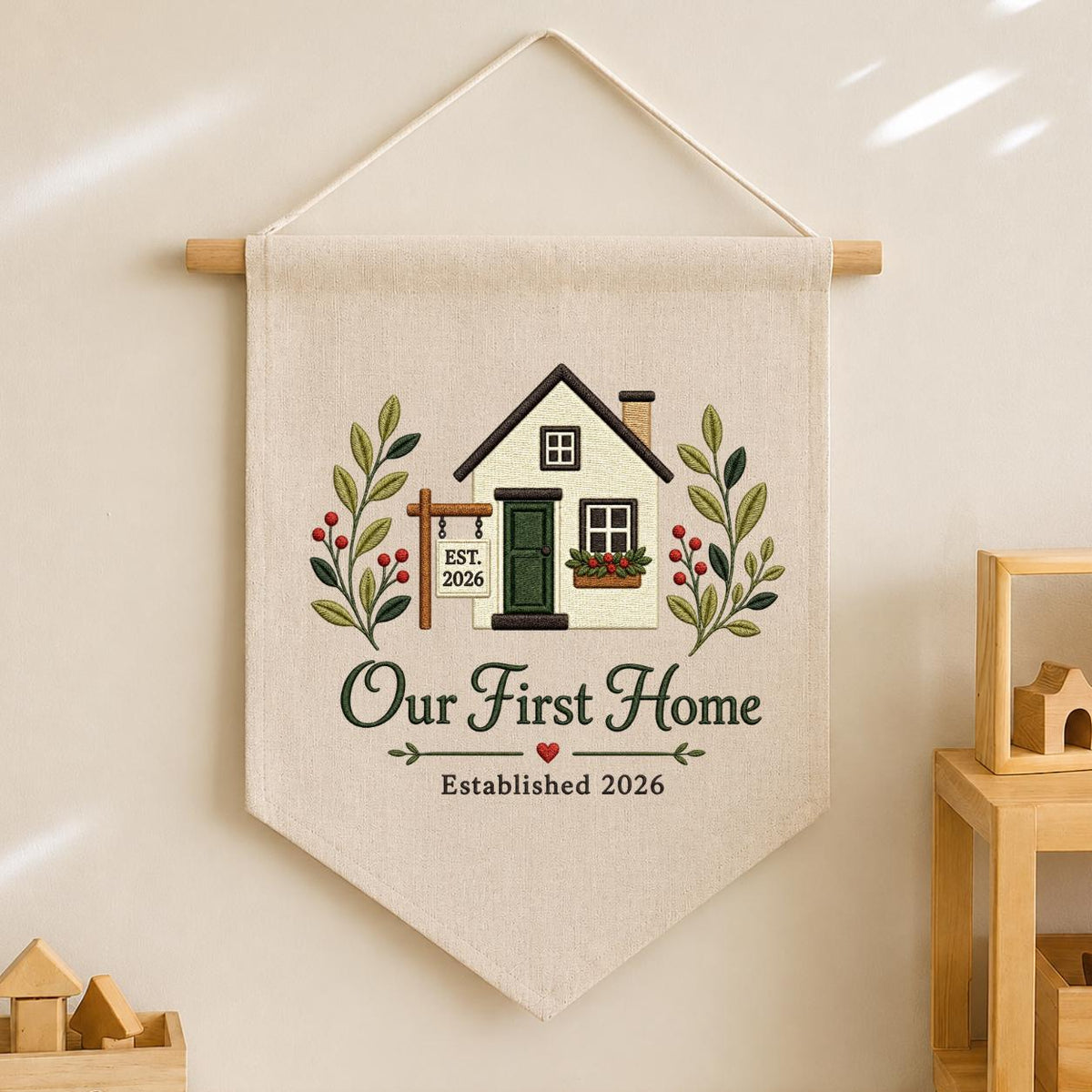 Embroidered Our First Home 2026 Custom Pennant Banner - Personalized Couple's Gift for New Home - Handmade Wall Decor