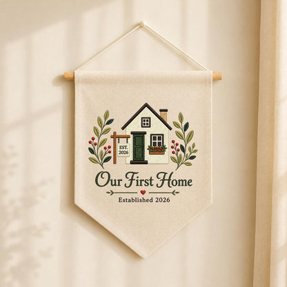 Embroidered Our First Home 2026 Custom Pennant Banner - Personalized Couple's Gift for New Home - Handmade Wall Decor