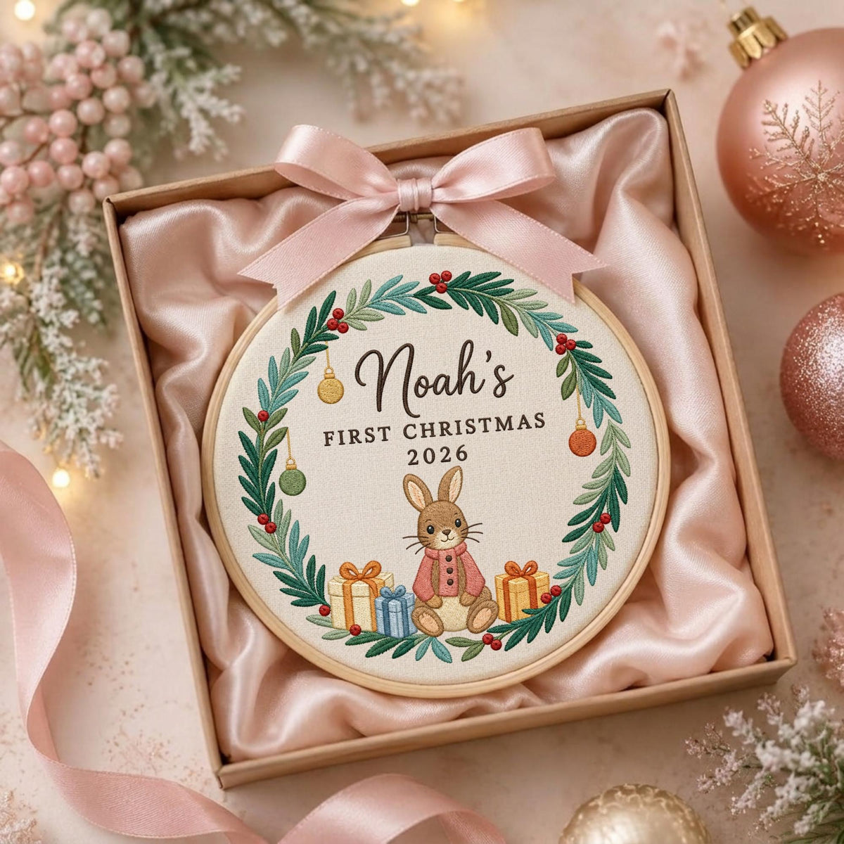 May include: A round wooden embroidery hoop containing fabric with a stitched wreath of green leaves and red berries. The center features a brown rabbit wearing a pink coat, surrounded by gifts, with the text Noah's FIRST CHRISTMAS 2026.