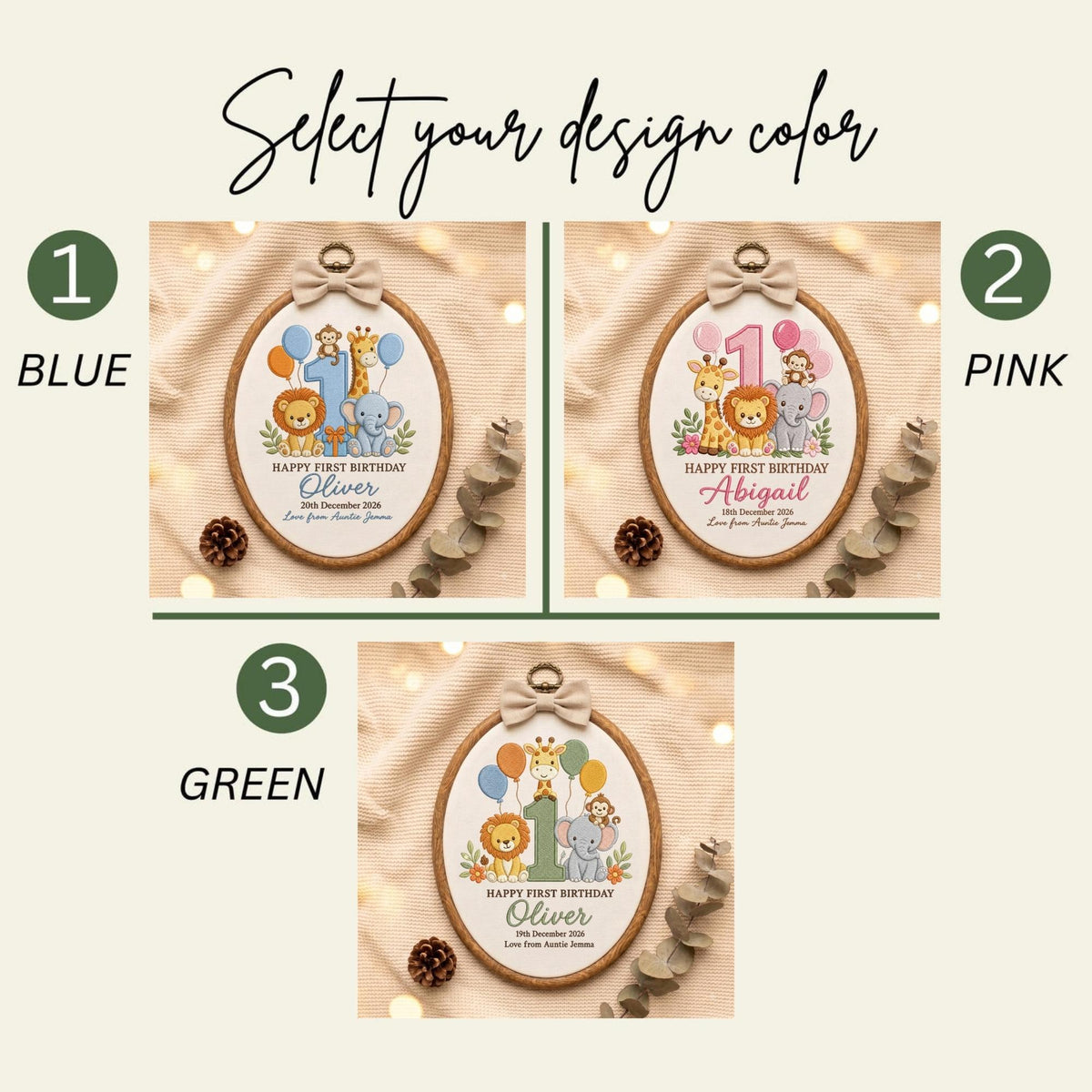 May include: Three oval embroidery hoops featuring personalized first birthday designs with cartoon animals including a giraffe, lion, monkey, and elephant. Each hoop displays the text Happy First Birthday, a name, and date, topped with a beige fabric bow.