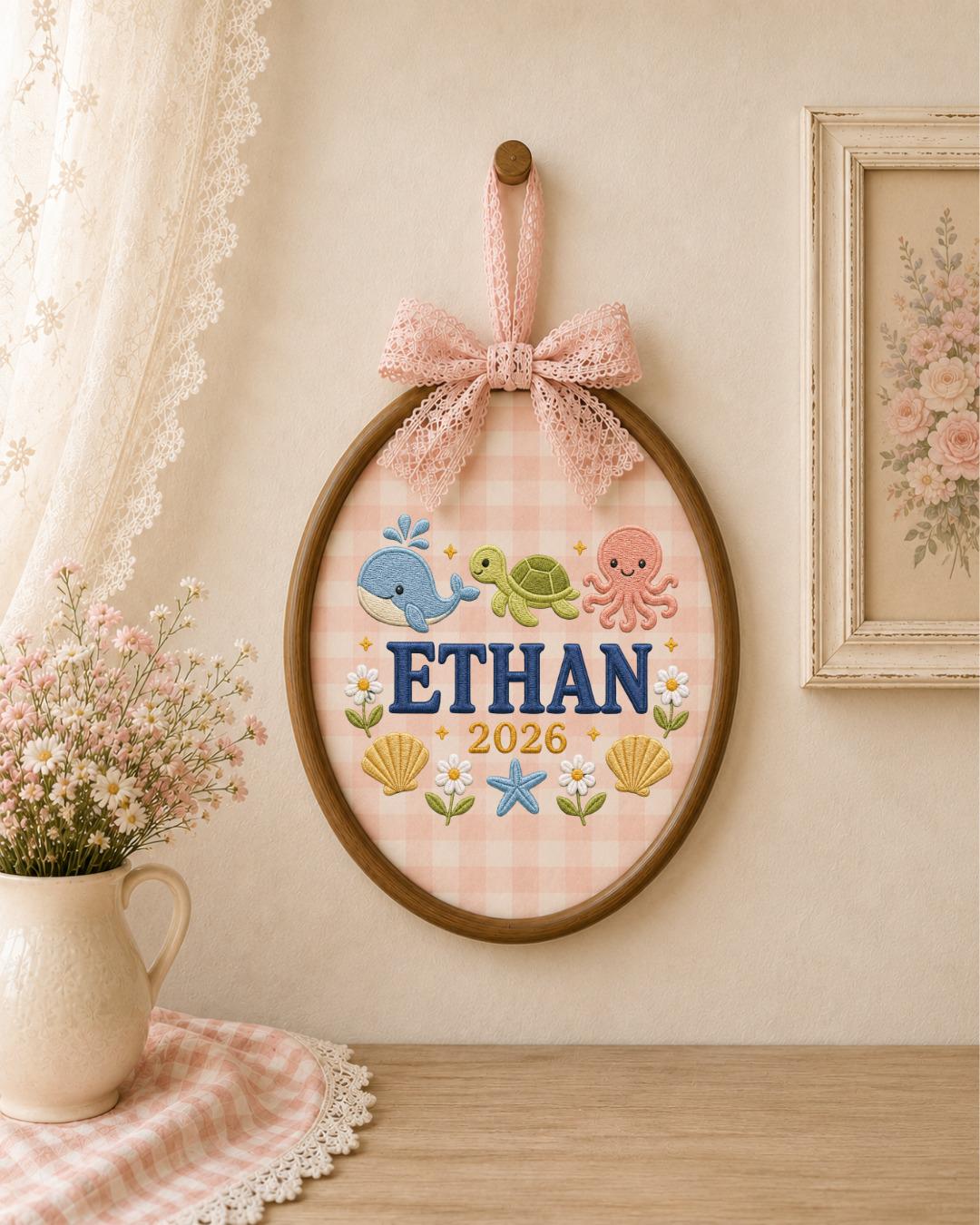 Personalized Ocean Embroidered Ornament, Custom Baby Name Hoop, Whale Turtle Octopus Nursery Decor, Baby Boy Gift, Newborn Keepsake