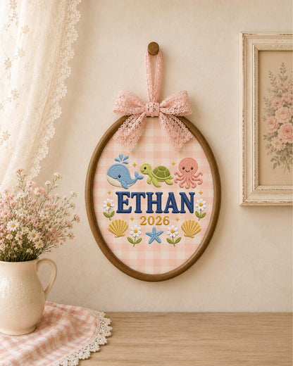 Personalized Ocean Embroidered Ornament, Custom Baby Name Hoop, Whale Turtle Octopus Nursery Decor, Baby Boy Gift, Newborn Keepsake