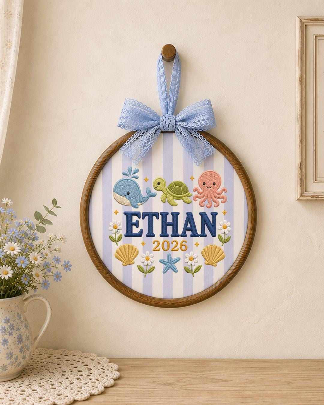 Personalized Ocean Embroidered Ornament, Custom Baby Name Hoop, Whale Turtle Octopus Nursery Decor, Baby Boy Gift, Newborn Keepsake