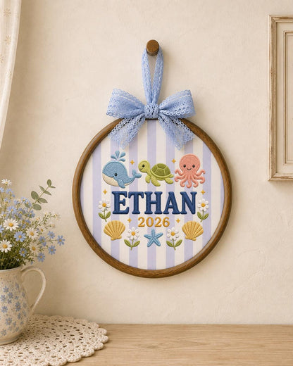 Personalized Ocean Embroidered Ornament, Custom Baby Name Hoop, Whale Turtle Octopus Nursery Decor, Baby Boy Gift, Newborn Keepsake