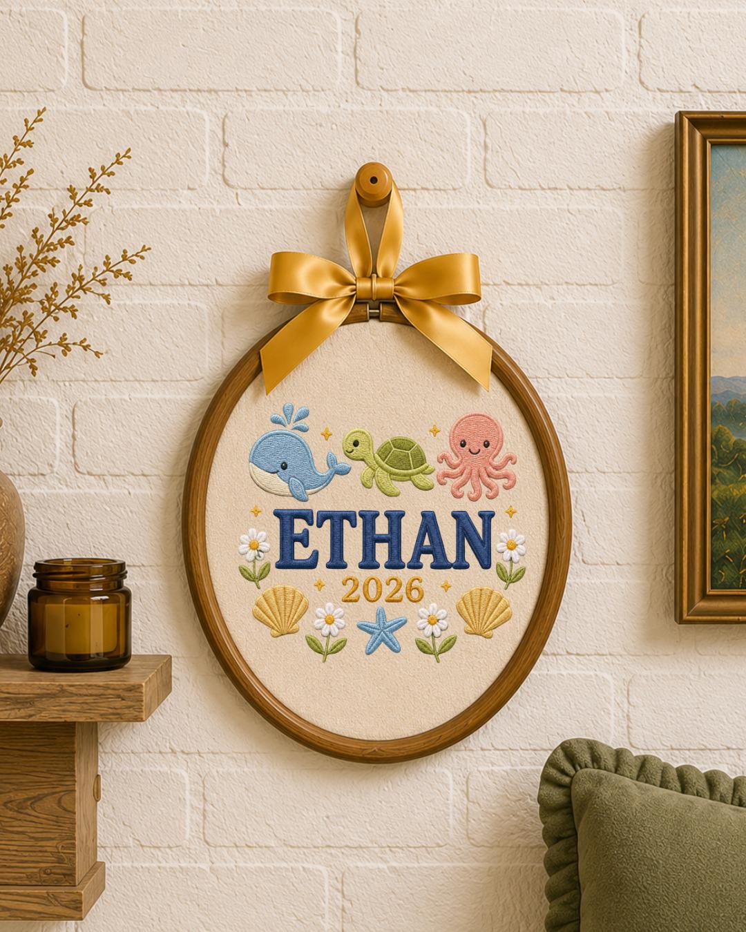 Personalized Ocean Embroidered Ornament, Custom Baby Name Hoop, Whale Turtle Octopus Nursery Decor, Baby Boy Gift, Newborn Keepsake