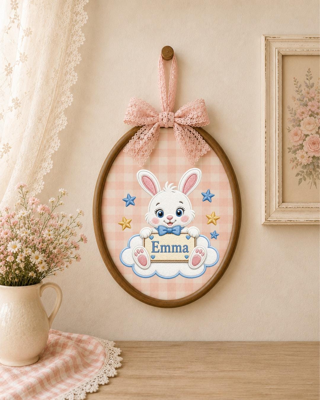 Personalized Bunny Embroidered Ornament, Custom Baby Name Hoop, Cute Rabbit Nursery Decor, Baby Girl Gift, Newborn Keepsake