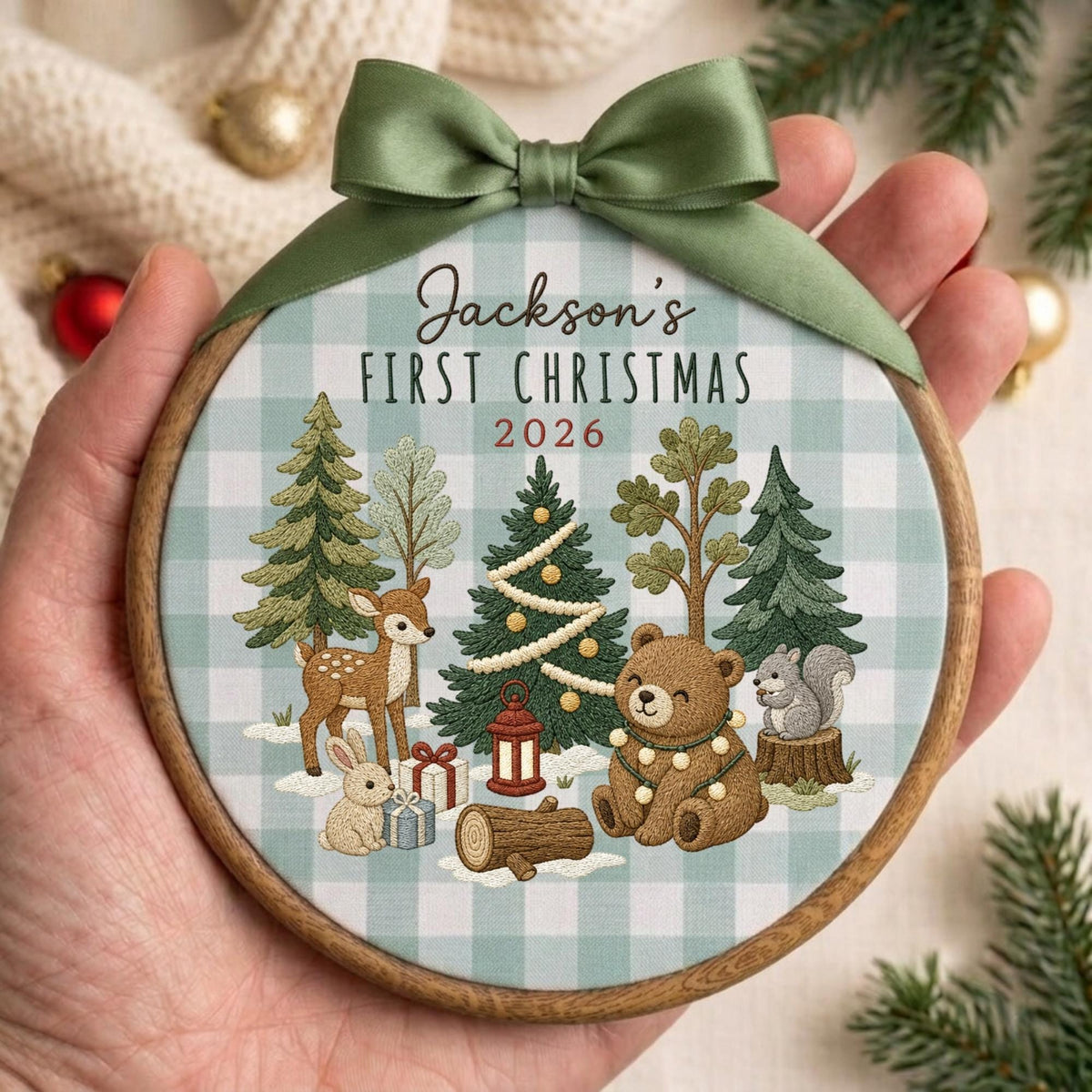May include: A round wooden embroidery hoop ornament featuring a light blue and white buffalo check fabric background. The text reads Jackson's FIRST CHRISTMAS 2026. It depicts a deer, rabbit, bear, and squirrel in a forest with a green satin bow.