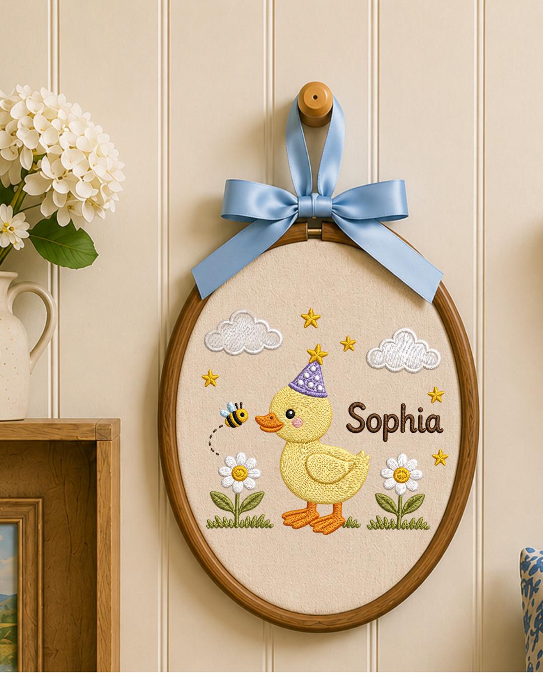 Personalized Duck Embroidered Ornament, Custom Baby Name Hoop, Cute Birthday Duck Nursery Decor, Baby Girl Gift, Newborn Keepsake