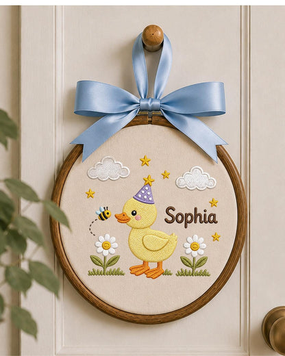 Personalized Duck Embroidered Ornament, Custom Baby Name Hoop, Cute Birthday Duck Nursery Decor, Baby Girl Gift, Newborn Keepsake