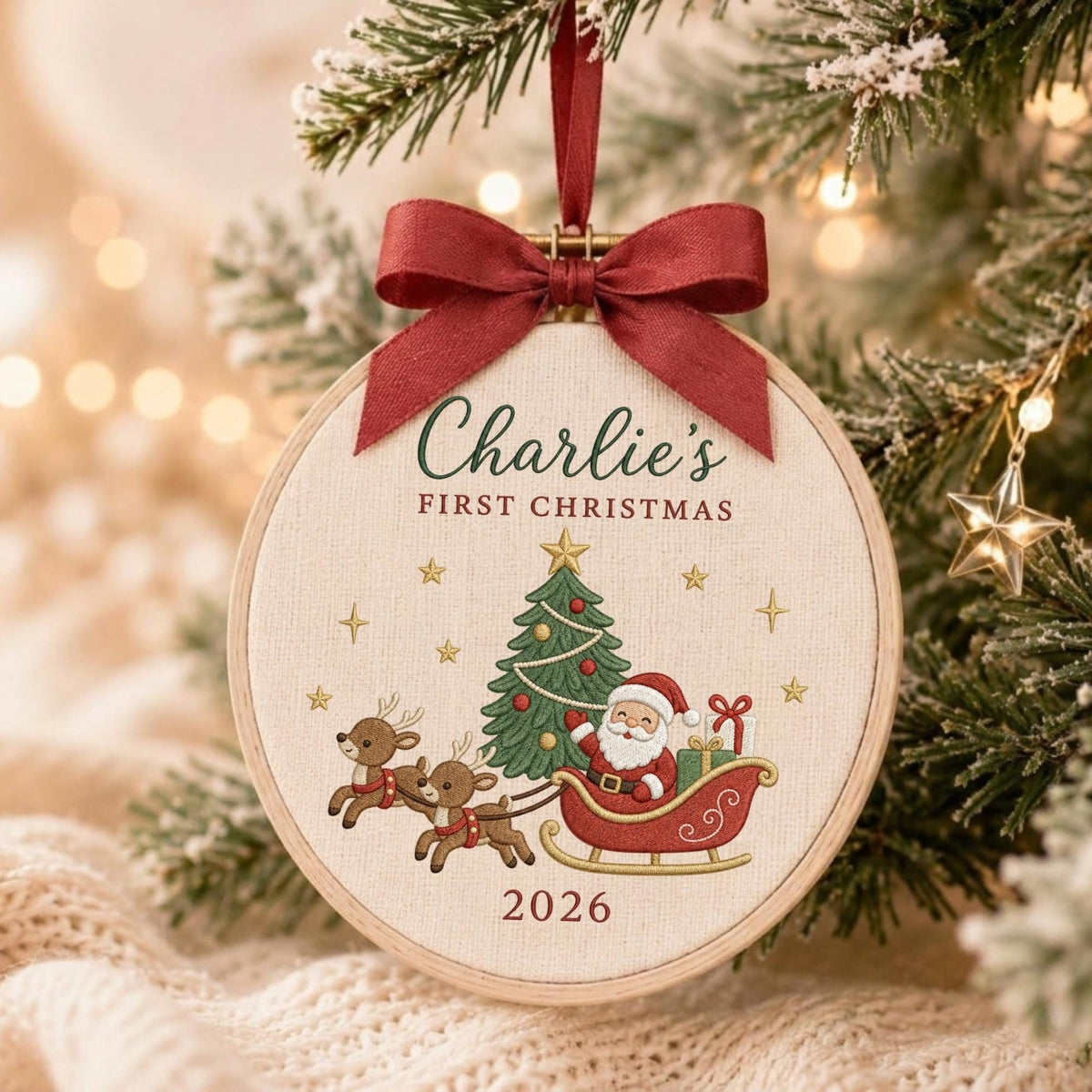 May include: A round embroidery hoop ornament featuring a dark red satin ribbon bow at the top. The fabric displays an embroidered scene of Santa Claus in a sleigh pulled by two reindeer, a Christmas tree, and the text Charlie's FIRST CHRISTMAS 2026.