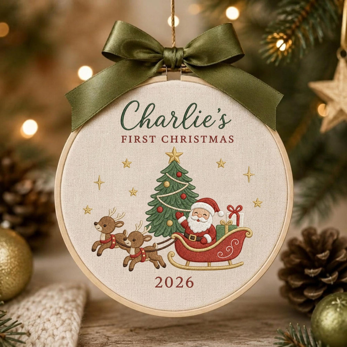 May include: A round embroidery hoop ornament featuring a cream fabric background with the embroidered text Charlie's FIRST CHRISTMAS and 2026. The design includes a green Christmas tree, Santa in a red sleigh, and two reindeer, topped with a dark olive green satin ribbon bow.