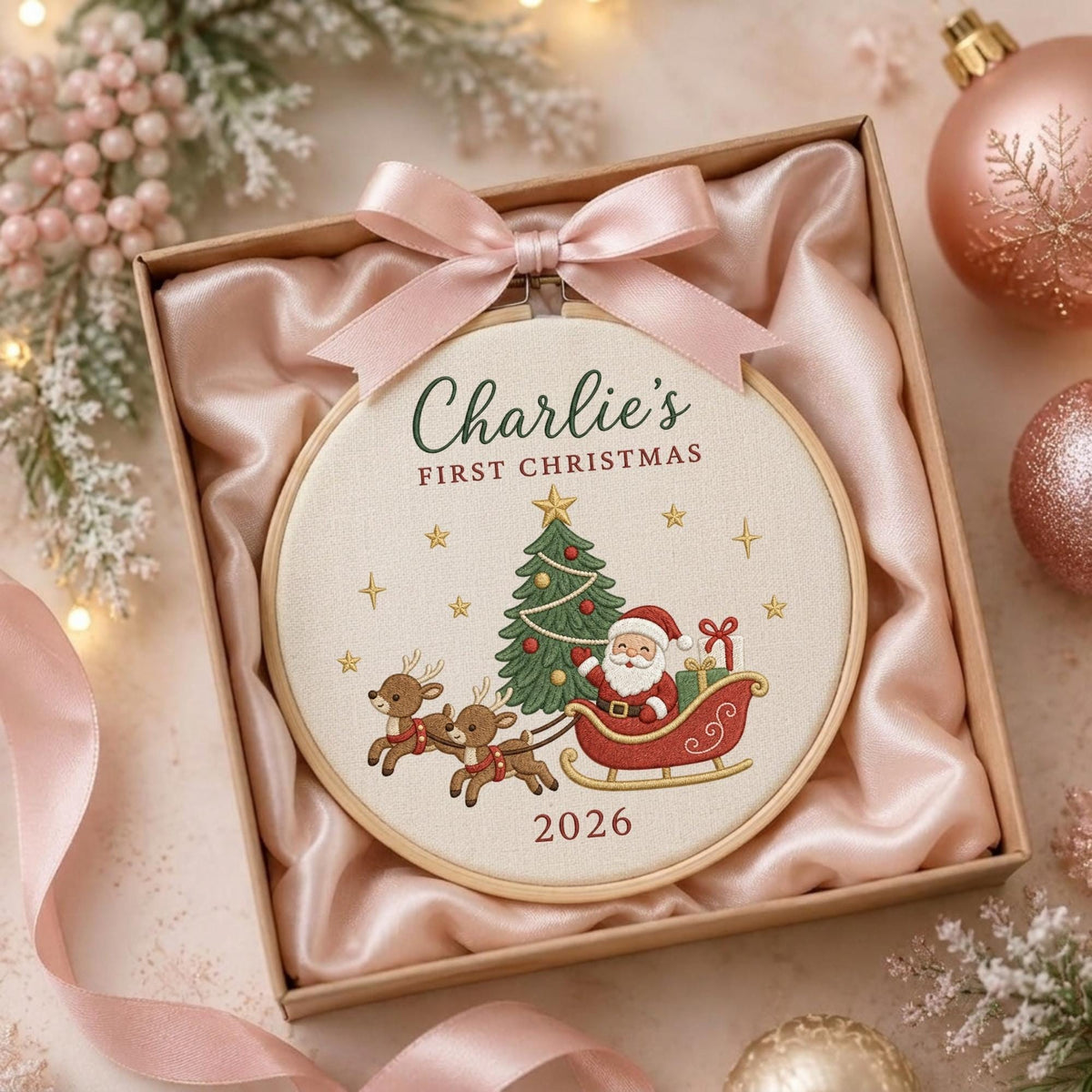 May include: A round wooden embroidery hoop ornament featuring a cream-colored fabric center with an embroidered design of Santa Claus in a red sleigh pulled by two reindeer, a green Christmas tree, and the text Charlie's FIRST CHRISTMAS 2026.