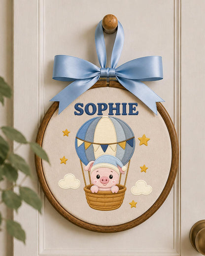 Personalized Pig Hot Air Balloon Embroidered Ornament, Custom Baby Name Hoop, Cute Nursery Decor, Baby Girl Gift, Newborn Keepsake