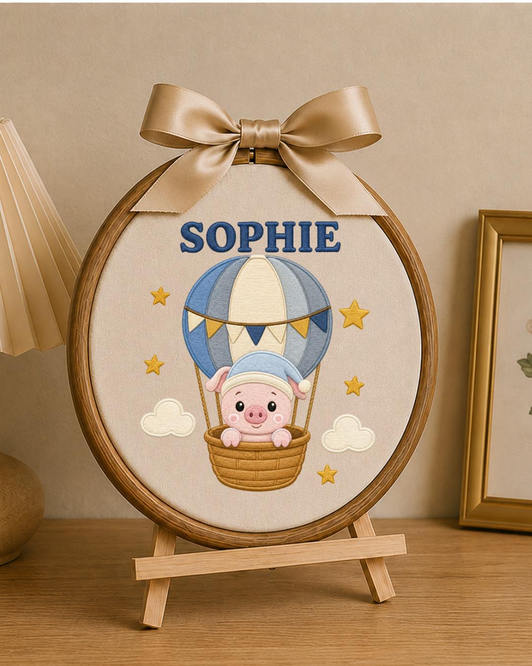 Personalized Pig Hot Air Balloon Embroidered Ornament, Custom Baby Name Hoop, Cute Nursery Decor, Baby Girl Gift, Newborn Keepsake