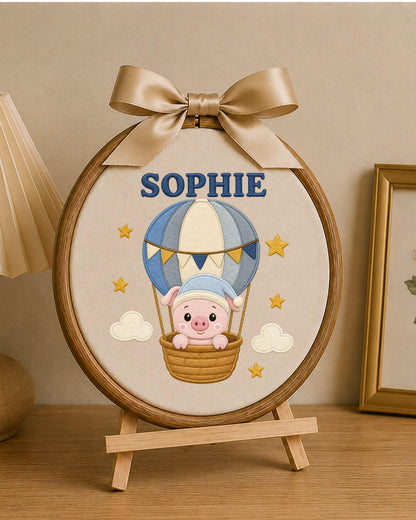 Personalized Pig Hot Air Balloon Embroidered Ornament, Custom Baby Name Hoop, Cute Nursery Decor, Baby Girl Gift, Newborn Keepsake