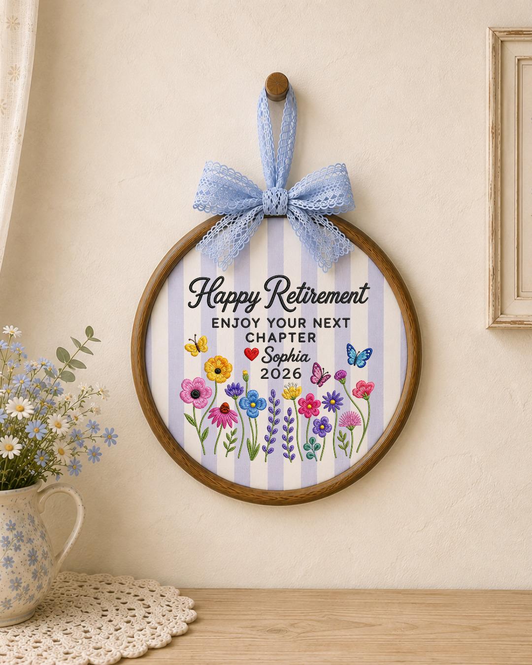 Personalized Retirement Embroidered Ornament, Custom Name Retirement Gift, Floral Butterfly Hoop, Happy Retirement Keepsake, Coworker Gift