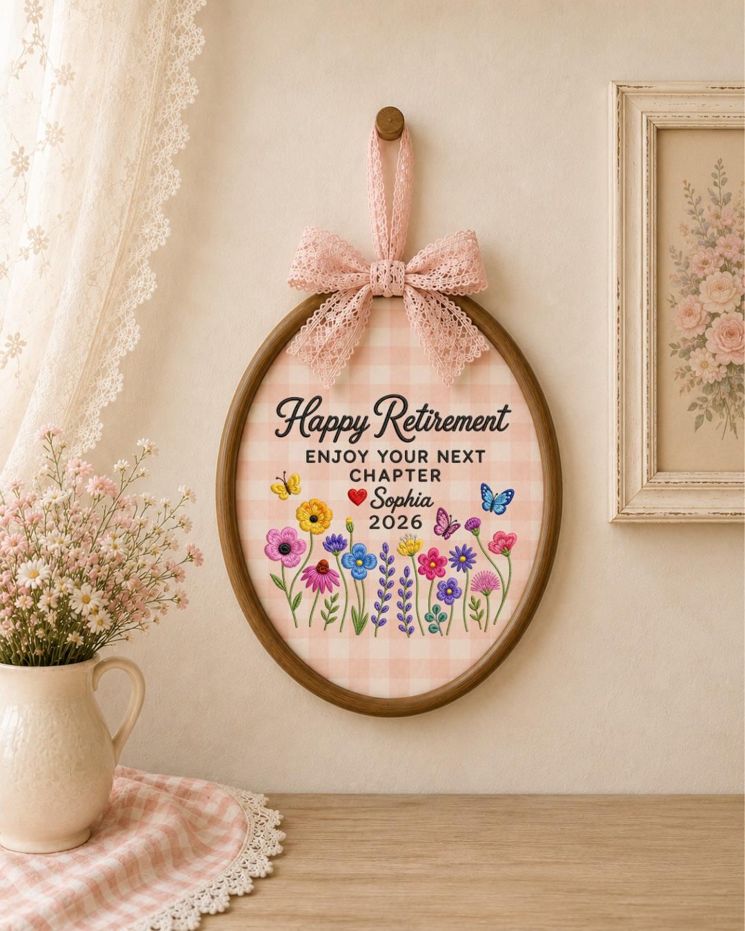 Personalized Retirement Embroidered Ornament, Custom Name Retirement Gift, Floral Butterfly Hoop, Happy Retirement Keepsake, Coworker Gift