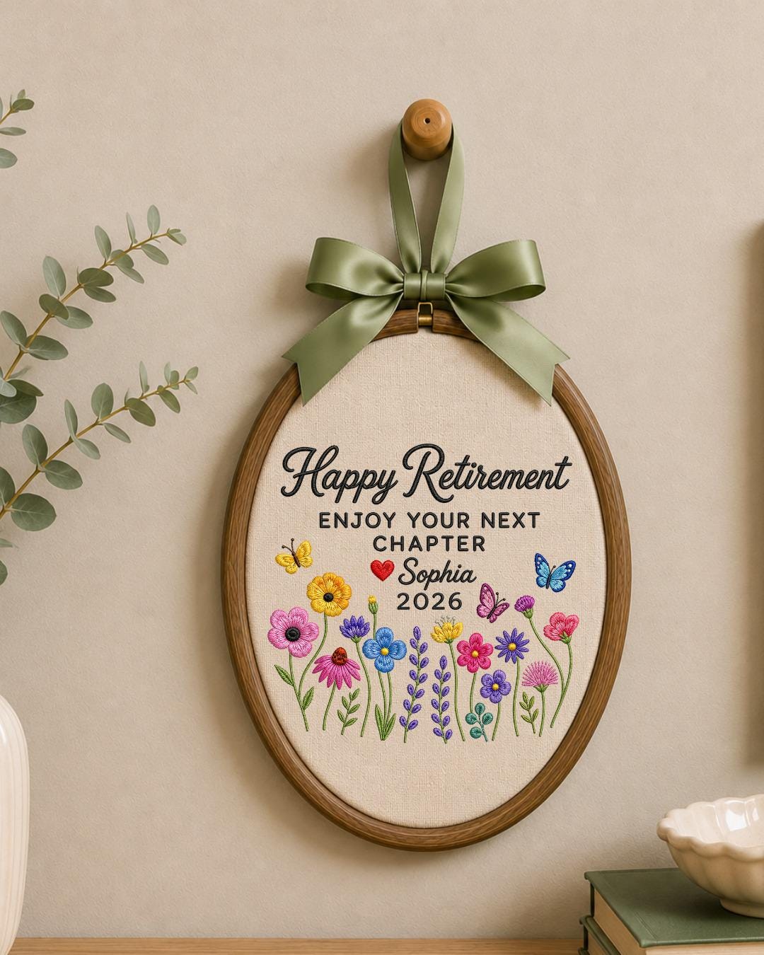 Personalized Retirement Embroidered Ornament, Custom Name Retirement Gift, Floral Butterfly Hoop, Happy Retirement Keepsake, Coworker Gift