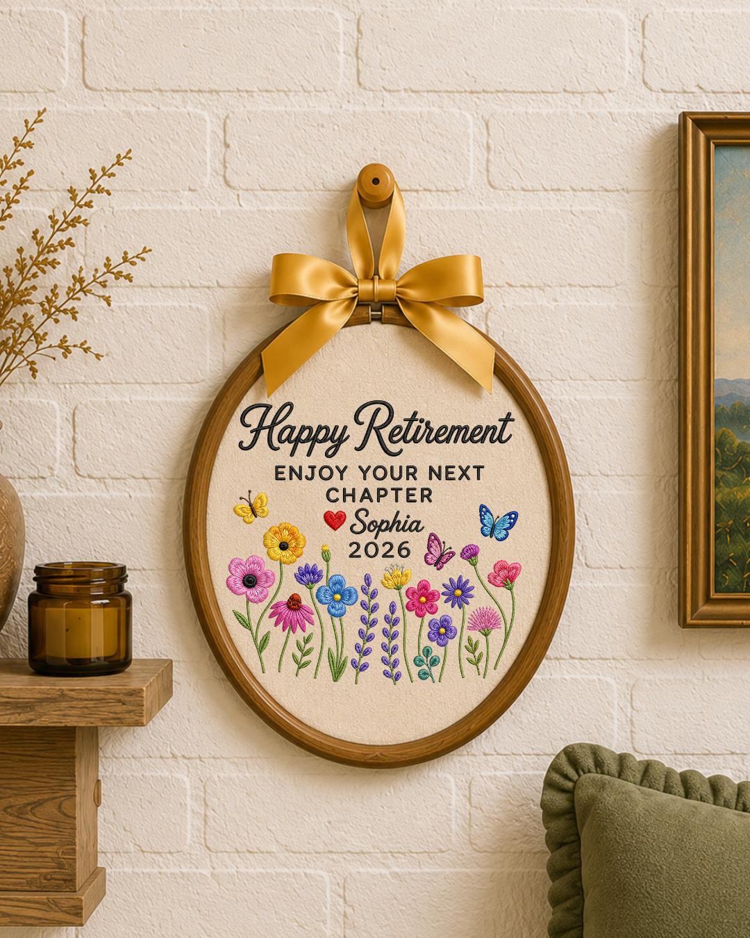Personalized Retirement Embroidered Ornament, Custom Name Retirement Gift, Floral Butterfly Hoop, Happy Retirement Keepsake, Coworker Gift