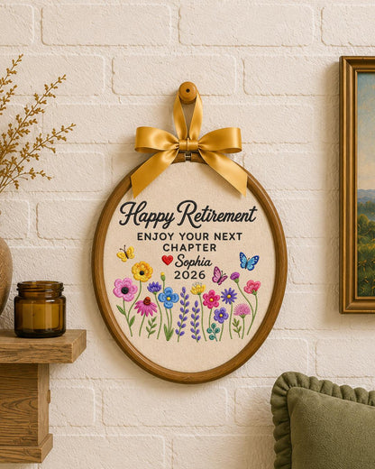 Personalized Retirement Embroidered Ornament, Custom Name Retirement Gift, Floral Butterfly Hoop, Happy Retirement Keepsake, Coworker Gift
