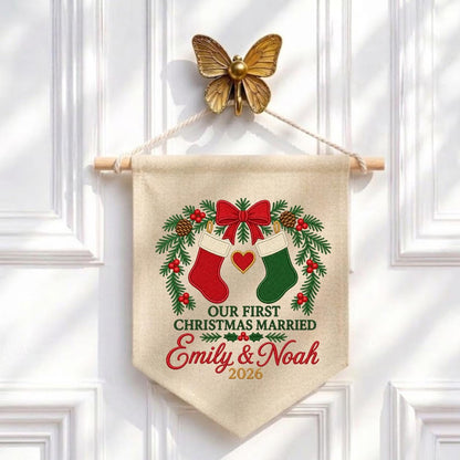 Personalized 1st Christmas as Mr and Mrs Canvas Pennant Banner Decor, Custom Embroidered Couple Name Date Wall Sign, Wedding Keepsake