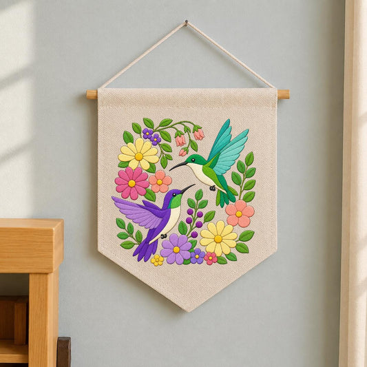 Hummingbird Garden Canvas Pennant Banner Wall Art, Embroidered Colorful Birds Wildflowers Nursery Wall Hanging Decor, Gift for Mom