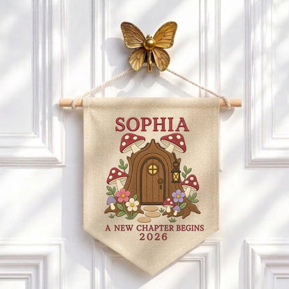 Personalized Woodland Mushroom Canvas Pennant Banner Decor, Custom Embroidered Fairy House A New Chapter Begins Wall Sign, Baby Gift
