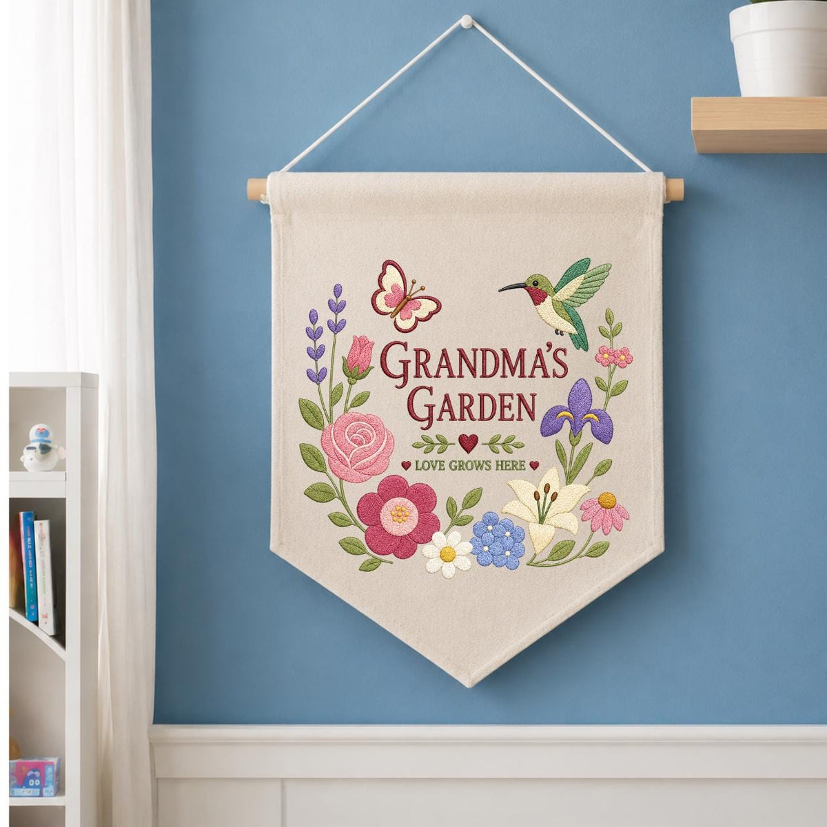 Personalized Grandma's Garden Canvas Pennant Banner, Embroidered Hummingbird Butterfly Floral Wreath Wall Hanging Sign, Gift for Grandma