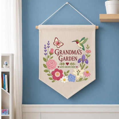 Personalized Grandma's Garden Canvas Pennant Banner, Embroidered Hummingbird Butterfly Floral Wreath Wall Hanging Sign, Gift for Grandma