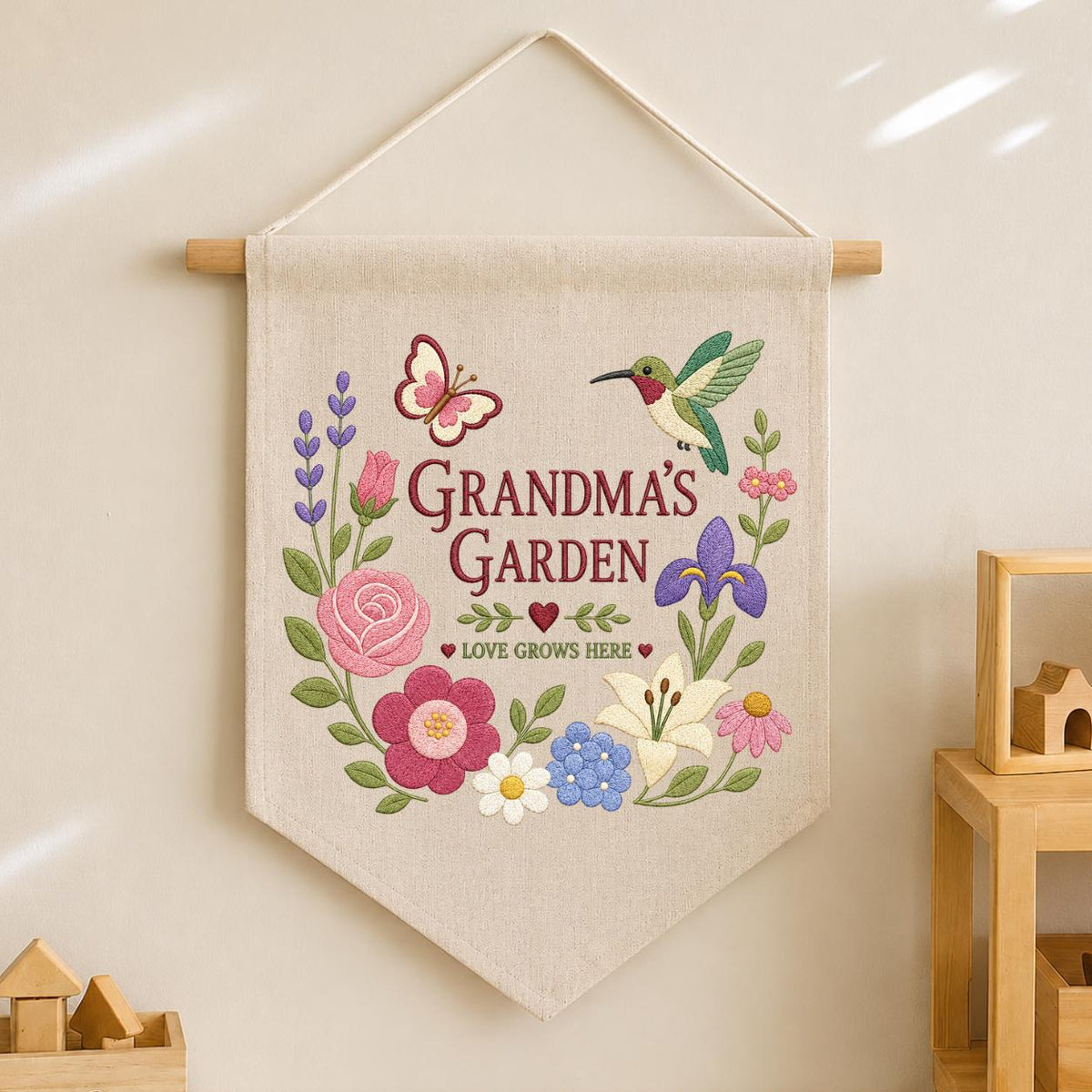 Personalized Grandma's Garden Canvas Pennant Banner, Embroidered Hummingbird Butterfly Floral Wreath Wall Hanging Sign, Gift for Grandma