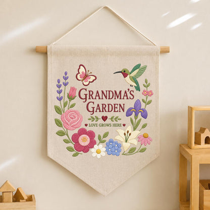 Personalized Grandma's Garden Canvas Pennant Banner, Embroidered Hummingbird Butterfly Floral Wreath Wall Hanging Sign, Gift for Grandma