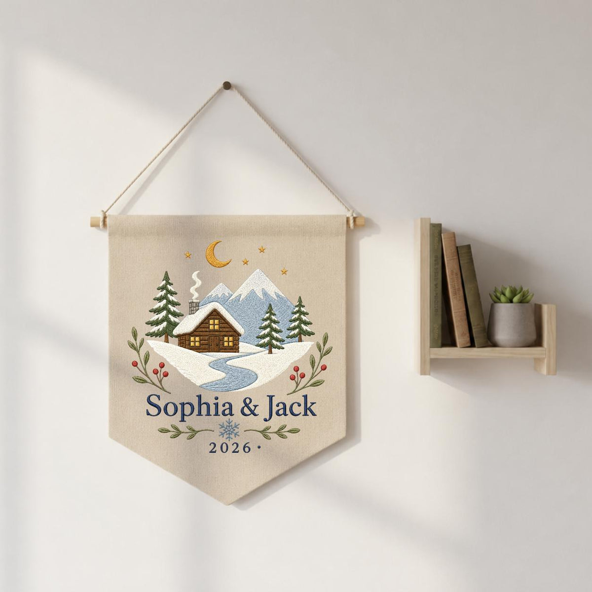 Personalized Winter Cabin Canvas Pennant Banner, Custom Name Embroidered Snow Mountain Couple Wall Hanging Sign, Christmas Gift