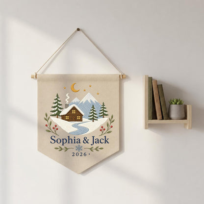 Personalized Winter Cabin Canvas Pennant Banner, Custom Name Embroidered Snow Mountain Couple Wall Hanging Sign, Christmas Gift