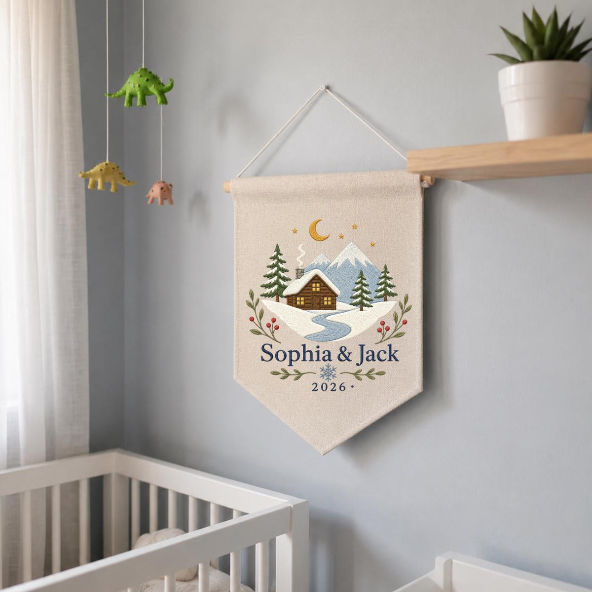 Personalized Winter Cabin Canvas Pennant Banner, Custom Name Embroidered Snow Mountain Couple Wall Hanging Sign, Christmas Gift