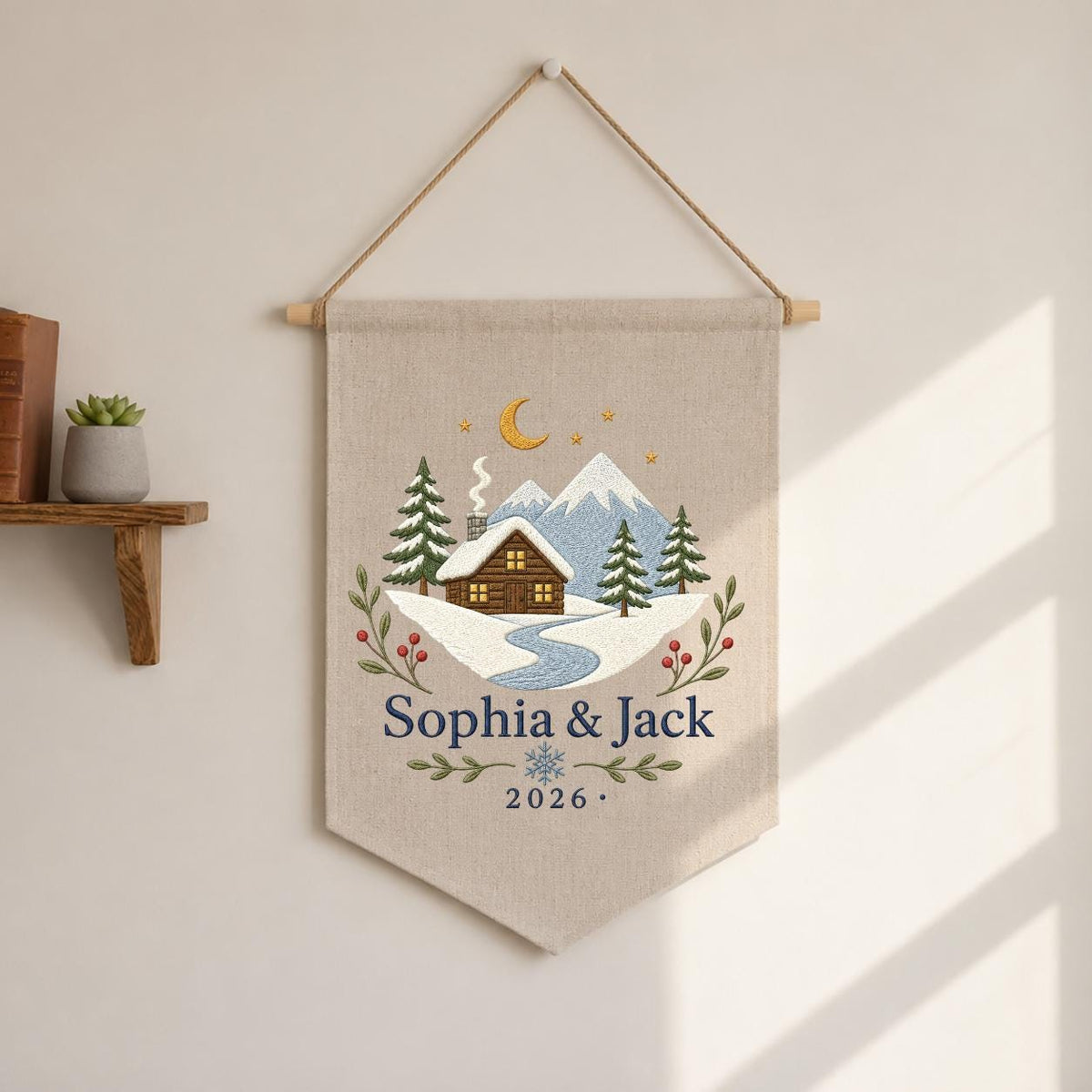 Personalized Winter Cabin Canvas Pennant Banner, Custom Name Embroidered Snow Mountain Couple Wall Hanging Sign, Christmas Gift