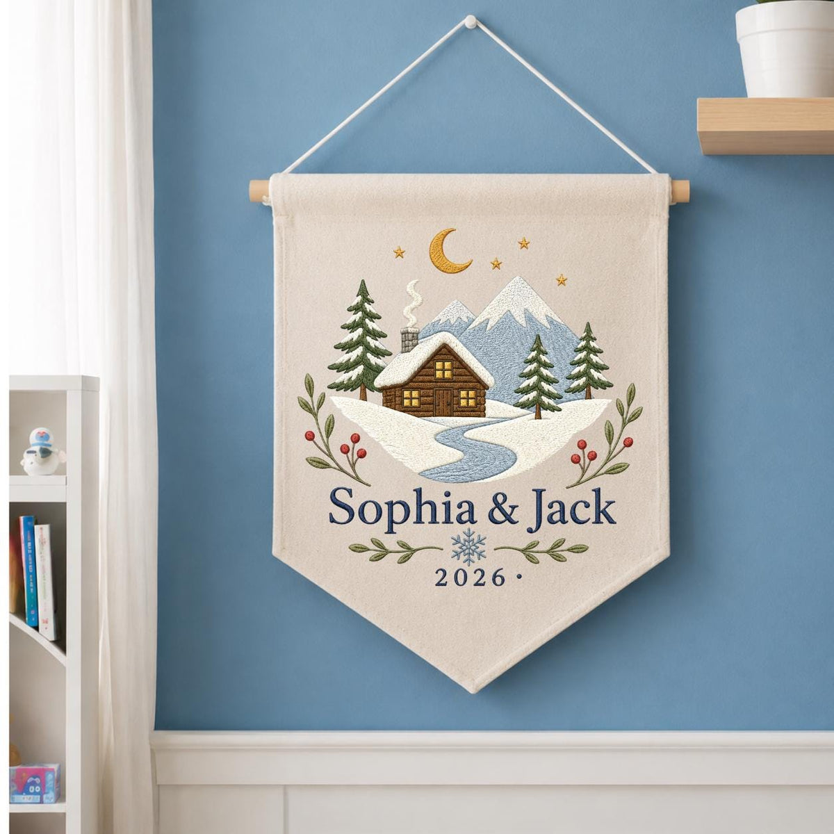 Personalized Winter Cabin Canvas Pennant Banner, Custom Name Embroidered Snow Mountain Couple Wall Hanging Sign, Christmas Gift