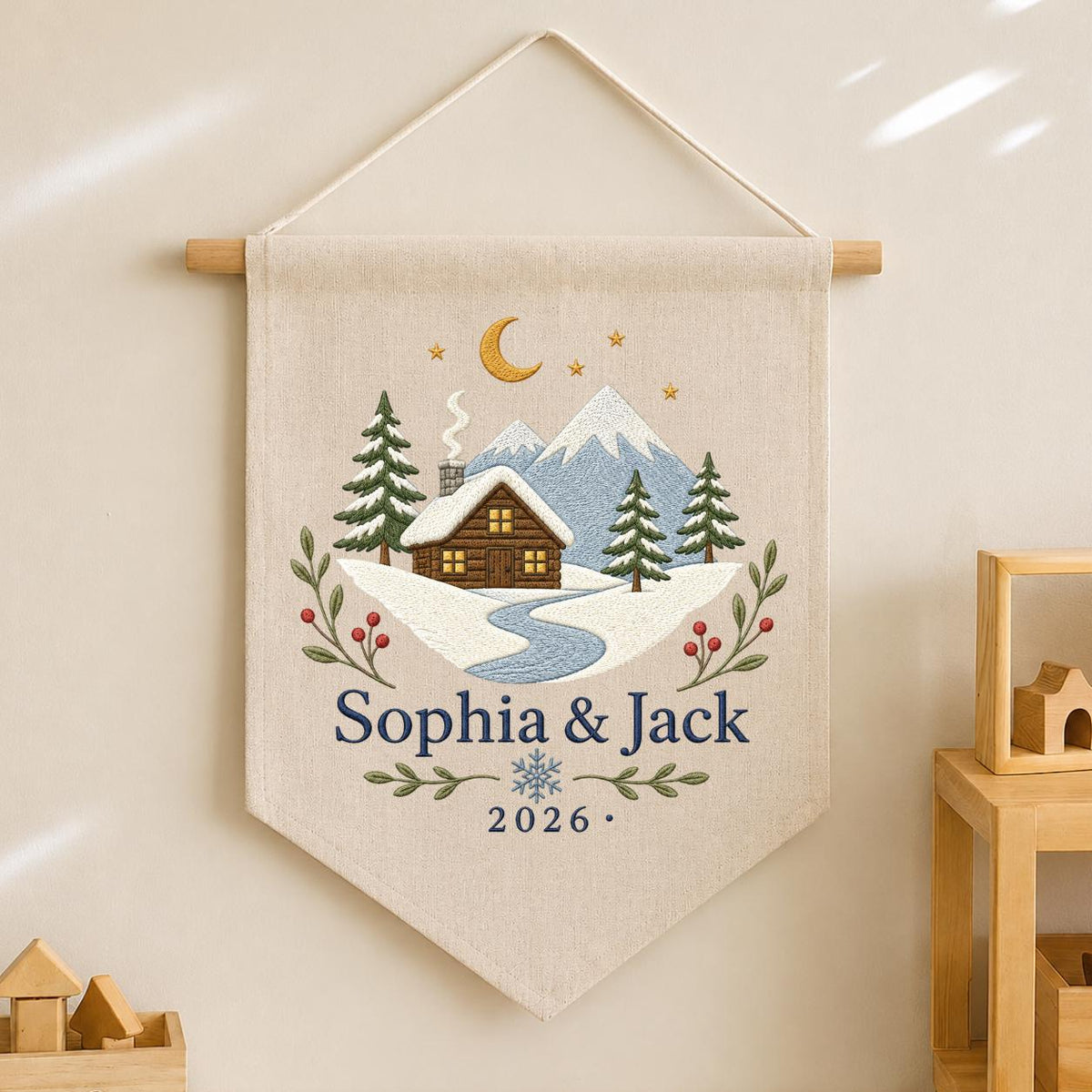Personalized Winter Cabin Canvas Pennant Banner, Custom Name Embroidered Snow Mountain Couple Wall Hanging Sign, Christmas Gift